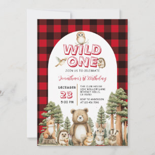 Wild One Woodland Animal 1st Birthday Party Plaid Invitation