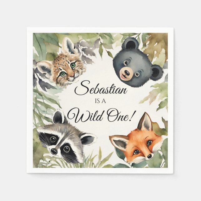Wild One Woodland Animal Birthday Party Napkin (Front)