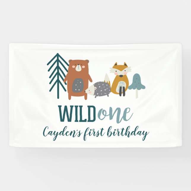 Wild One Woodland Animal First Birthday Banner (Horizontal)
