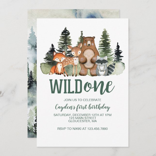 Wild One Woodland Animal First Birthday Invitation (Front/Back)