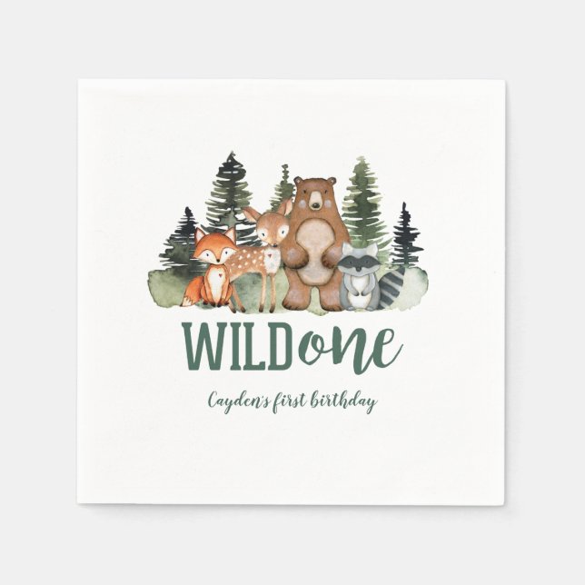 Wild One Woodland Animal First Birthday Napkin (Front)