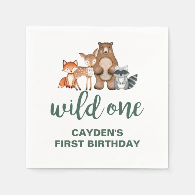 Wild One Woodland Animal First Birthday Napkins (Front)