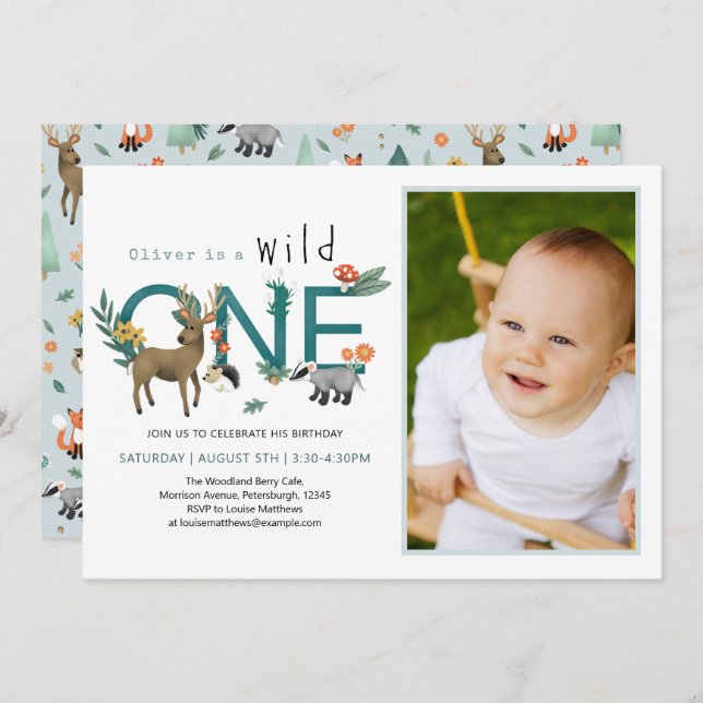 Wild One Woodland Animals 1st Birthday Photo Invitation (Front/Back)