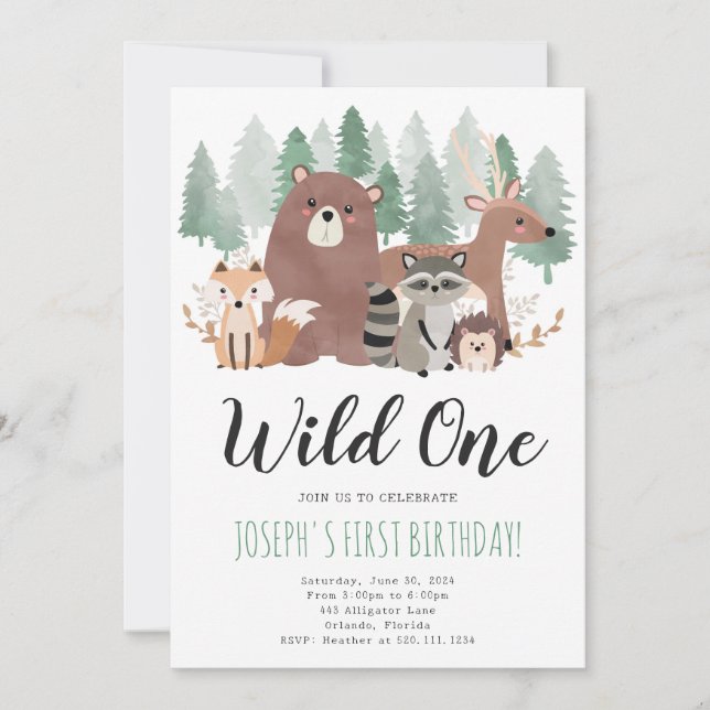 Wild One Woodland Animals Birthday Party Invite (Front)