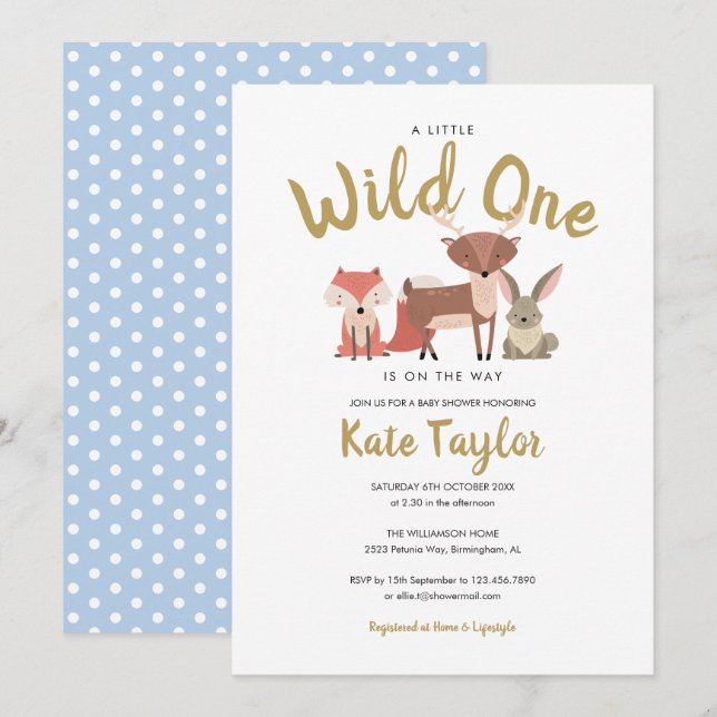 Wild One Woodland Animals Blue Baby Shower Invitation (Front/Back)