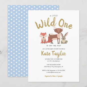 Wild One Woodland Animals Blue Baby Shower Invitation