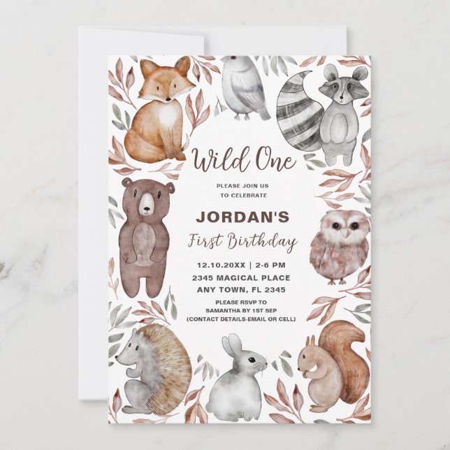 Wild One Woodland Animals First Birthday Party Invitation (Front)