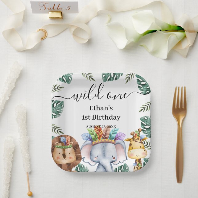 Wild One Woodland Animals Forest 1st Birthday Pape Paper Plate (Wedding)