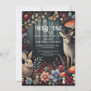 Wild One Woodland Animals Girl 1st Birthday Invitation