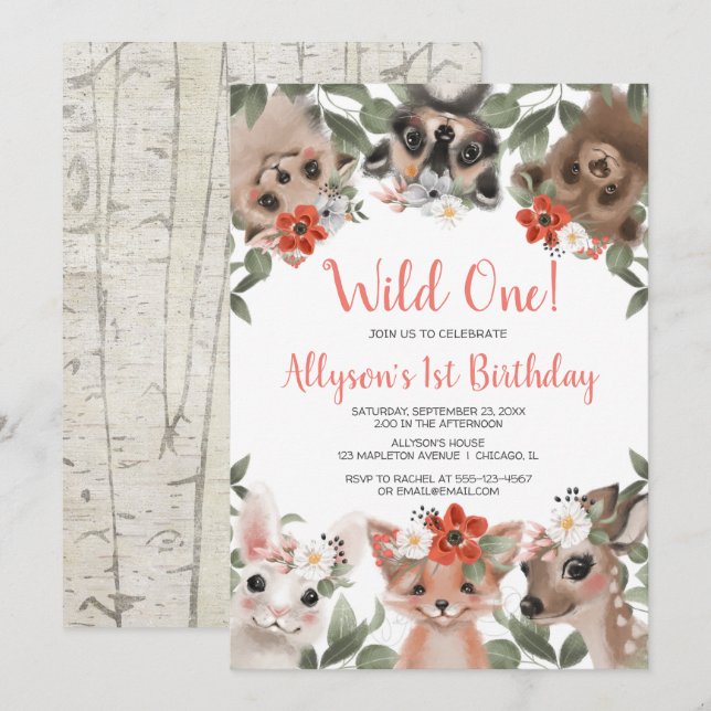 Wild One woodland animals girls 1st birthday party Invitation (Front/Back)