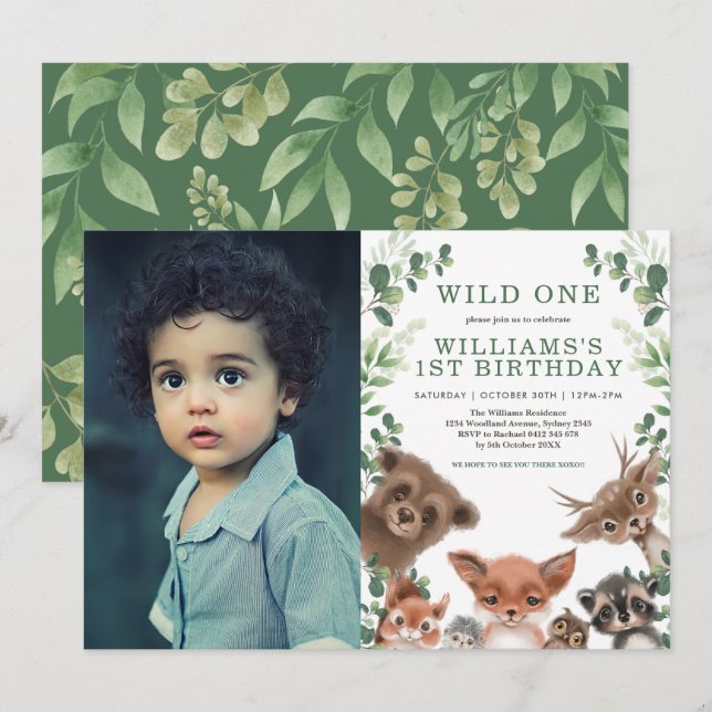 Wild One Woodland Animals Greenery Birthday Photo Invitation (Front/Back)