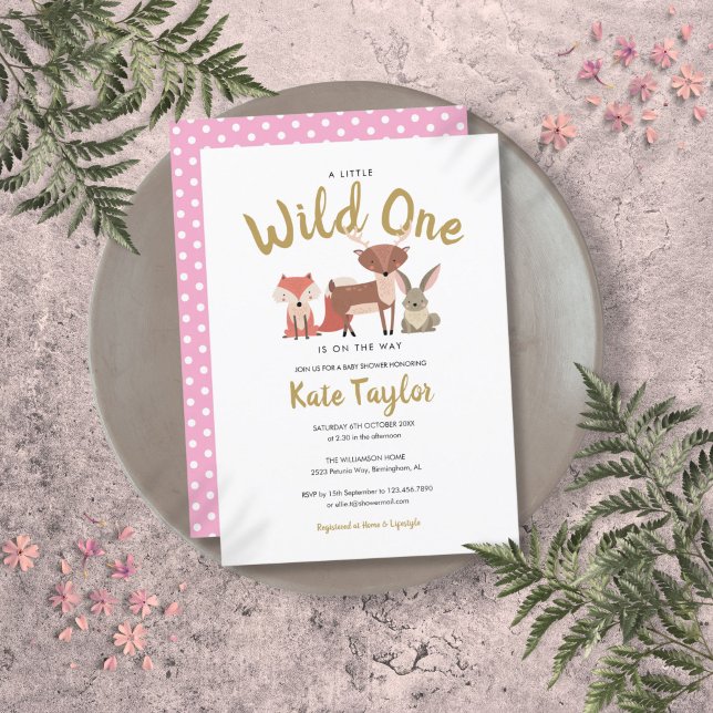 Wild One Woodland Animals Pink Baby Shower Invitation (Wild One Woodland Animals Pink Baby Shower Invitation)