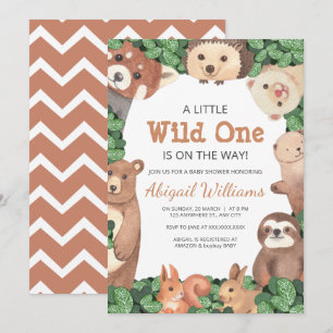 Wild One Woodland Animals w Bear Brown Baby Shower Invitation