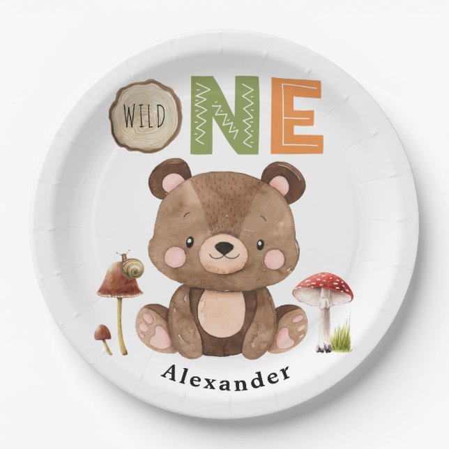 Wild One Woodland Bear 1st Birthday Paper Plate (Front)