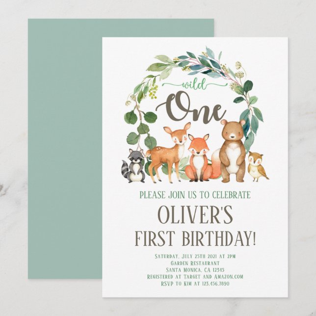 Wild One Woodland Birthday Invitation Boy (Front/Back)