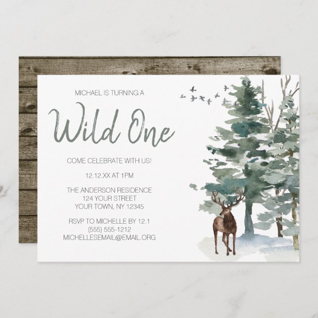 Wild One Woodland Deer Forest Pine First Birthday Invitation (Front/Back)