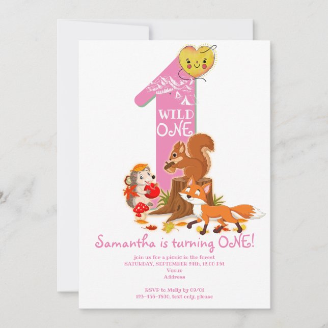 Wild ONE Woodland Forest Animal Girl 1st Birthday Invitation (Front)