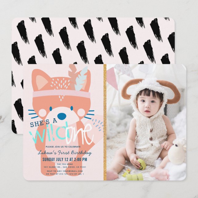 Wild One Woodland Fox Girl Photo Pink 1st Birthday Invitation (Front/Back)