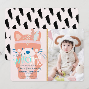 Wild One Woodland Fox Girl Photo Pink 1st Birthday Invitation