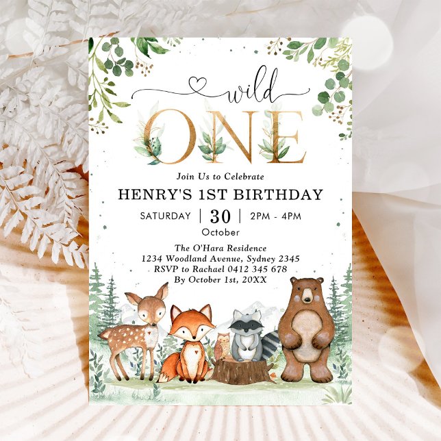 Wild One Woodland Party Animals Boy 1st Birthday Invitation (Creator Uploaded)