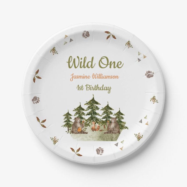 Wild One woodland Theme watercolor Birthday Party  Paper Plate (Front)