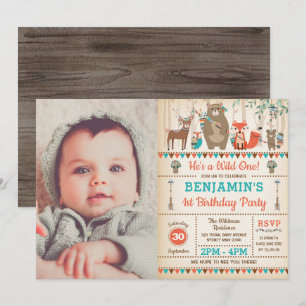 Wild One Woodland Tribal Animals Birthday Photo Invitation