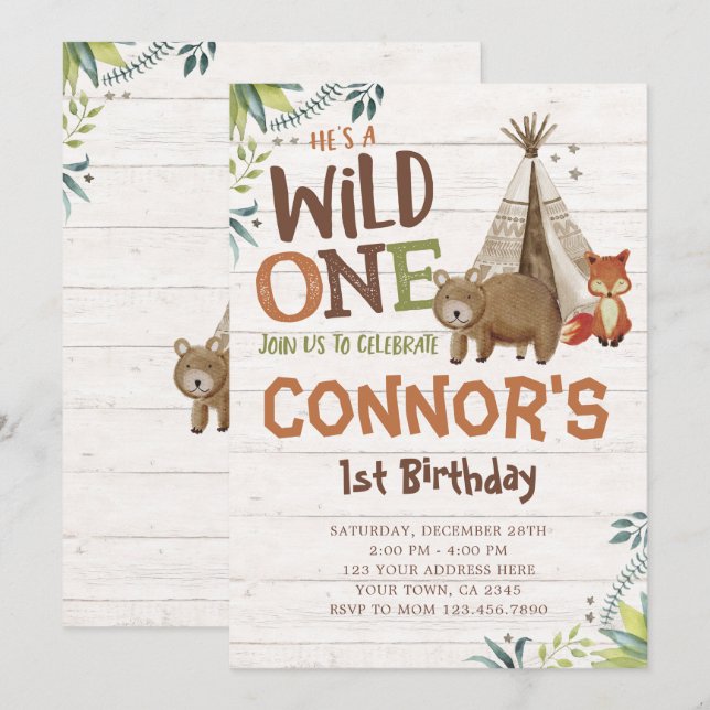 Wild One, Woodland, Tribal Invitation (Front/Back)
