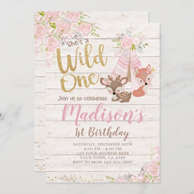 Wild One, Woodland, Tribal Invitation (Front/Back)