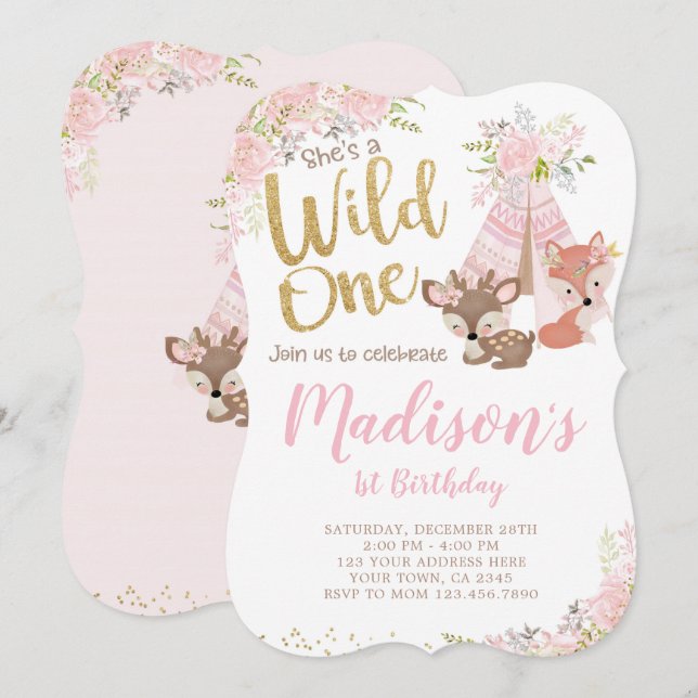 Wild One, Woodland, Tribal Invitation (Front/Back)