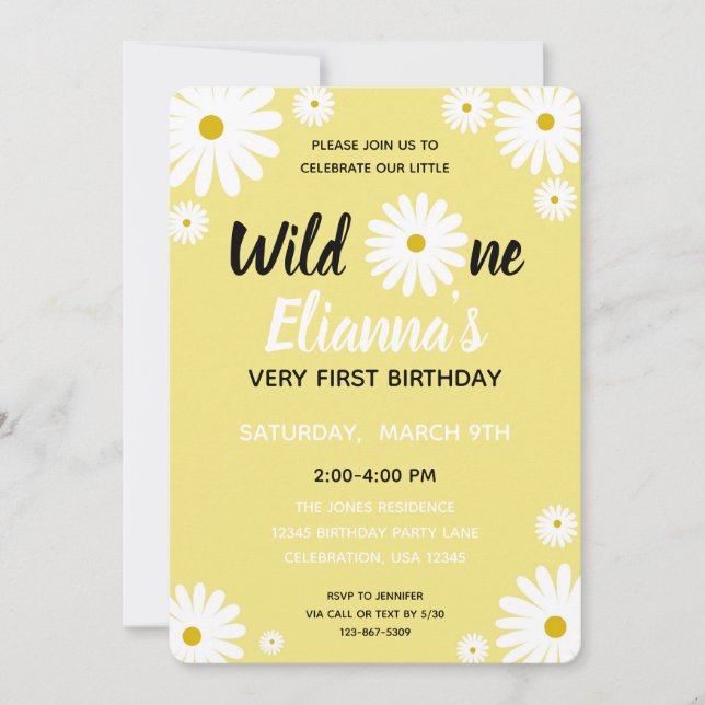 Wild ONE Yellow Daisy Flower Girl Birthday Invitation (Front)