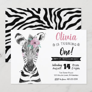Wild One Zebra   Girl 1st Birthday invitation