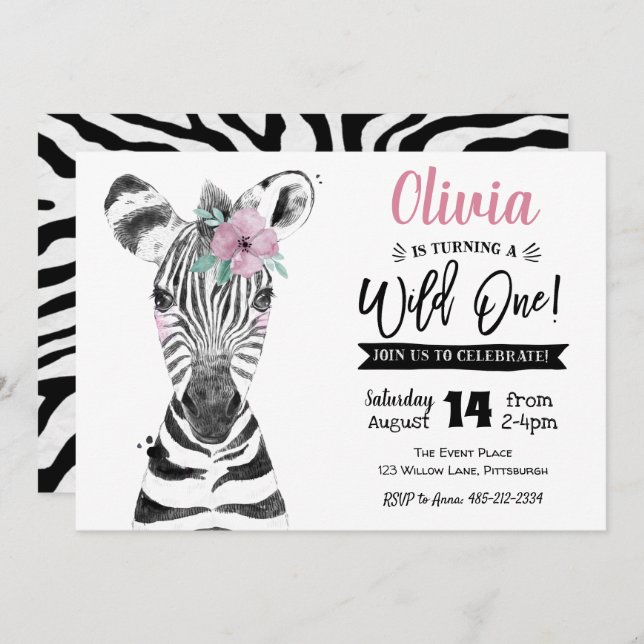 Wild One Zebra | Girl 1st Birthday invitation (Front/Back)