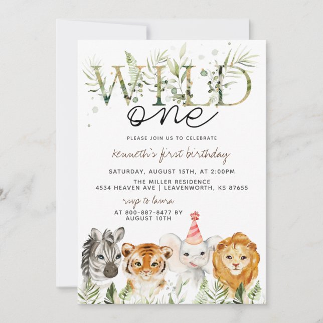 Wild One Zoo Animal Birthday Invitation (Front)