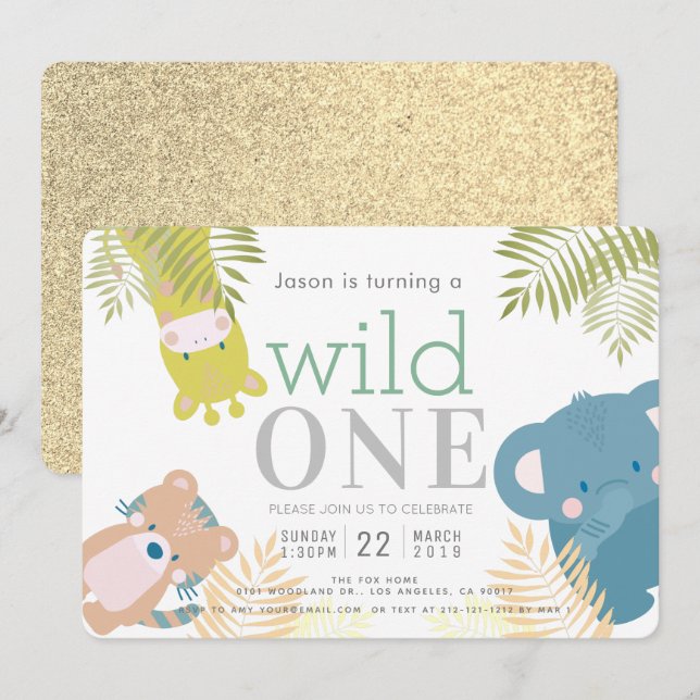 Wild One Zoo Animals Elephant Gold 1st Birthday Invitation (Front/Back)