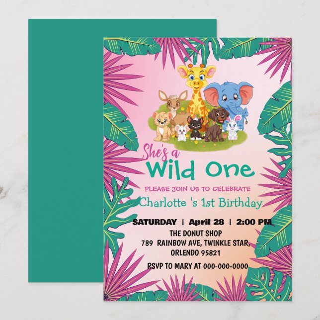 Wild One Zoo jungle 1st Animals Pet Birthday kids Invitation (Front/Back)