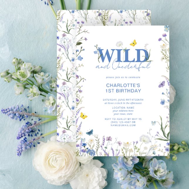 Wild & Onederful 1st Birthday Blue Wildflower Invitation (1st Birthday Invitation)