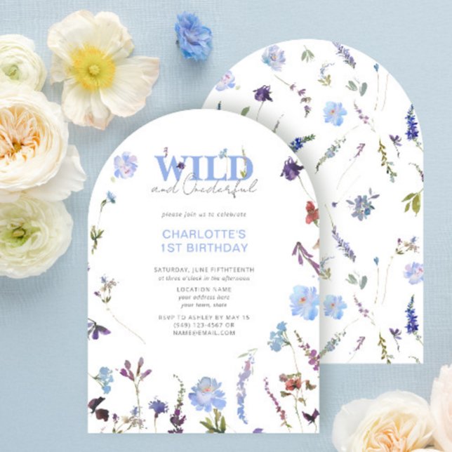 Wild & Onederful Girl 1st Birthday Blue Floral Inv Invitation (Creator Uploaded)