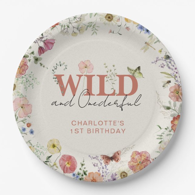 Wild & Onederful Pressed Flowers Girl 1st Birthday Paper Plate (Front)
