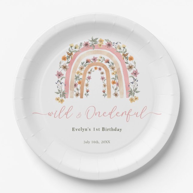 Wild & Onederful Wildflower Rainbow 1st Birthday Paper Plate (Front)