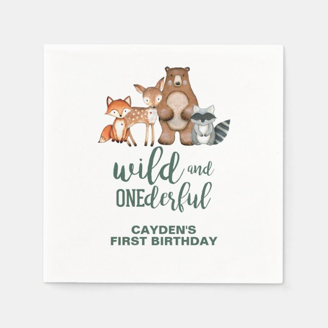 Wild Onederful Woodland Animal First Birthday Napkin (Front)