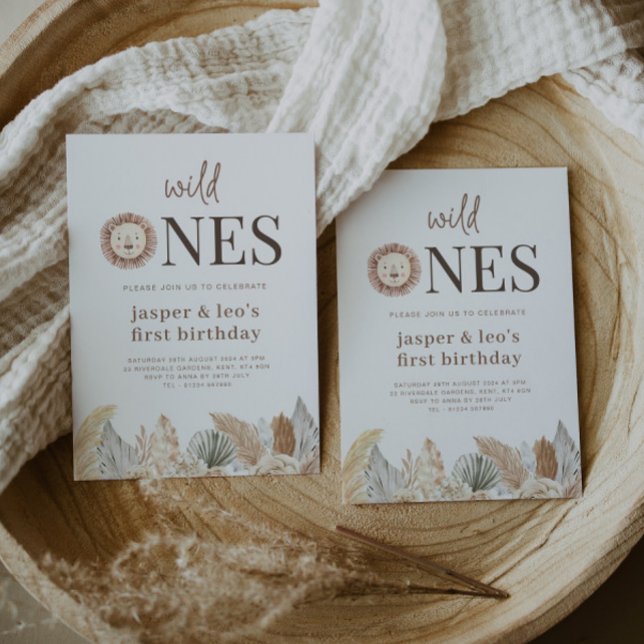 Wild Ones Twins Neutral Leaves Birthday Invitation (Creator Uploaded)