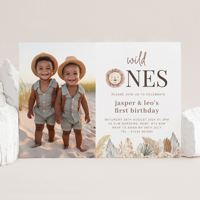 Wild Ones Twins Neutral Leaves - Photo Birthday Invitation (Wild Ones Twins Neutral Leaves - Photo Birthday Invitation)