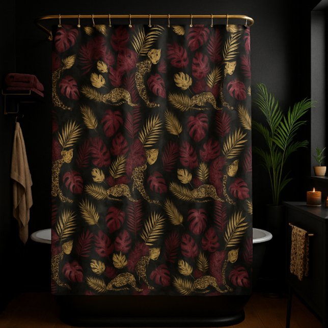 Wild Opulence Burgundy & Gold Jungle Shower Curtain (Creator Uploaded)