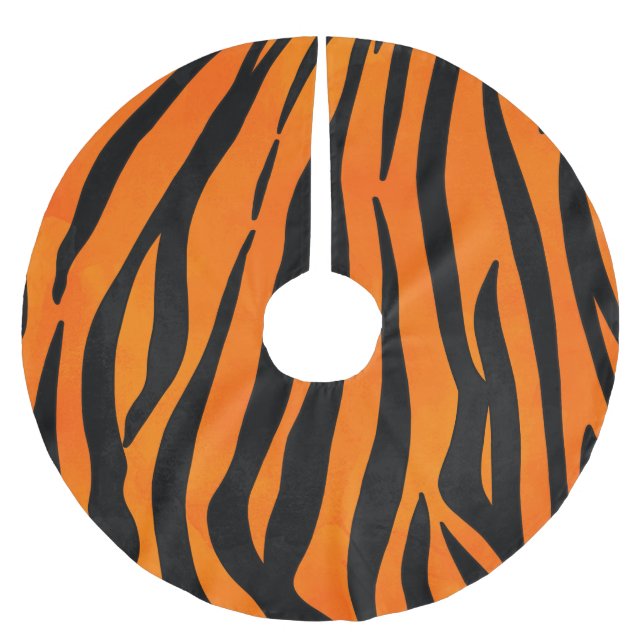 Wild Orange Black Tiger Stripes Animal Print Brushed Polyester Tree Skirt (Front)