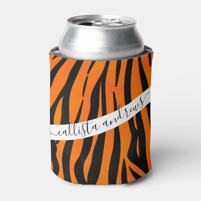 Wild Orange Black Tiger Stripes Animal Print Can Cooler (Can Front)