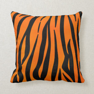 Wild Orange Black Tiger Stripes Animal Print Cushion