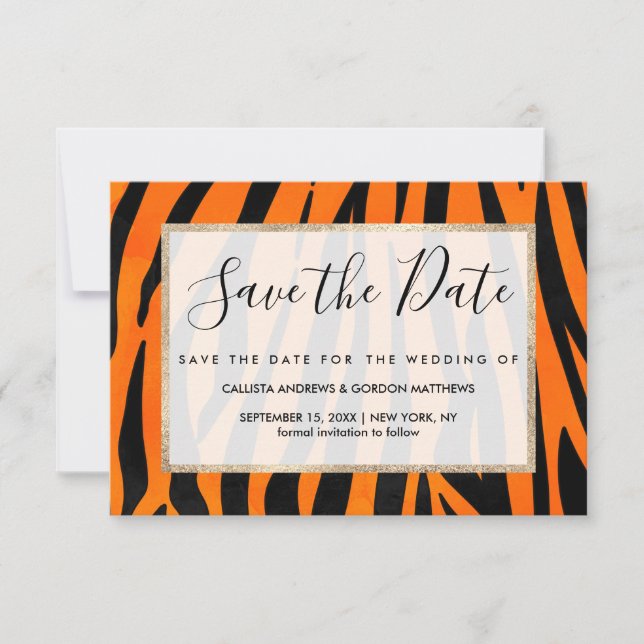 Wild Orange Black Tiger Stripes Animal Print Save The Date (Front)