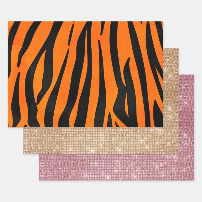 Wild Orange Black Tiger Stripes Animal Print Wrapping Paper Sheet (Set)