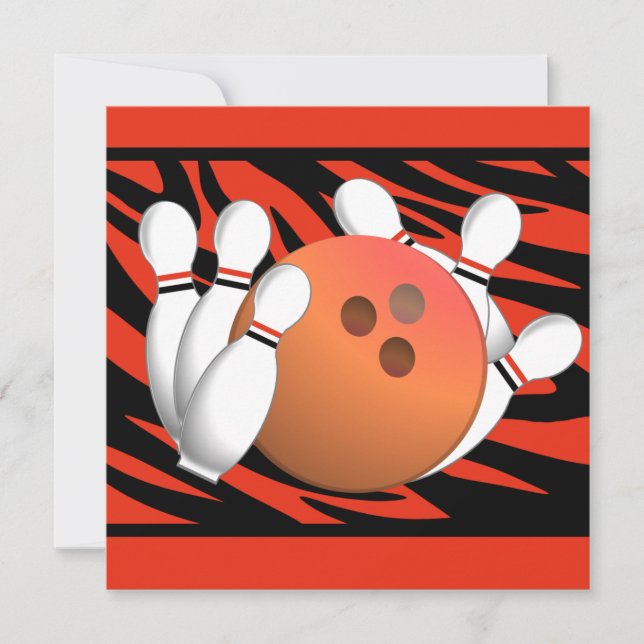 Wild Orange Zebra Stripe Bowling Party Invitation (Front)