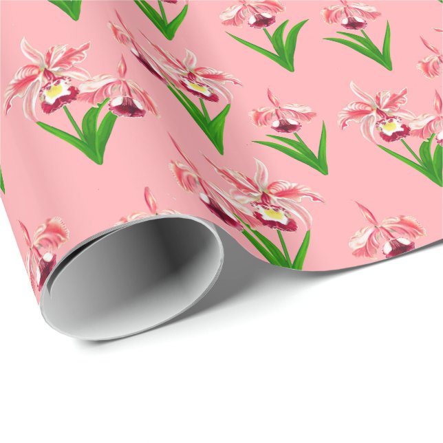 Wild Orchids - Coral Pink Orchids and Foliage  Wrapping Paper (Roll Corner)